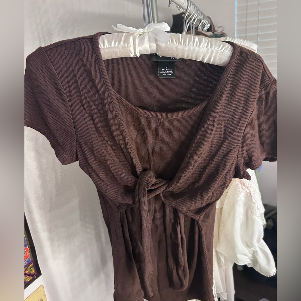 Style & Co. Petite Size Small Brown tie-front ribbed short sleeve top